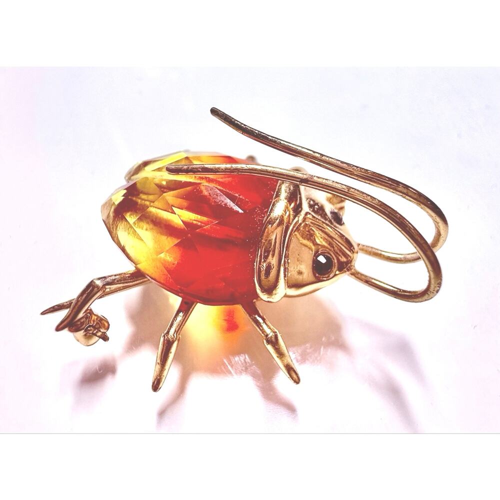 Daniel Swarovski Sterling 925 Gold Vermeil Fire Opal Beetle Brooch Swan Signed